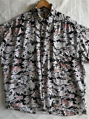 Kahala Hawaiian Islands Rayon Aloha Camp Shirt Men's L Made USA Black White